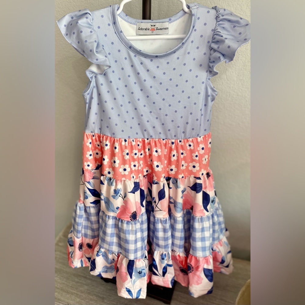 Adorable Sweetness Blue Dot Gingham Check Pink Floral Pullover Easter Dress 3/4